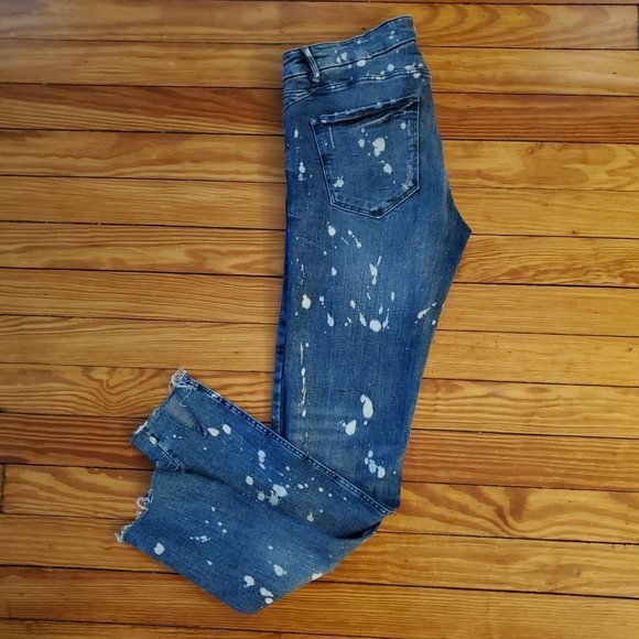 ZARA Trafaluc Denimwear Distressed Bleach Splattered Jeans Raw Hem Sz 6 US - Picture 3 of 7